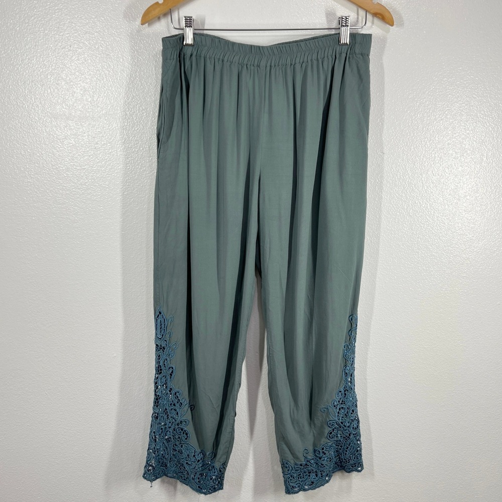 Novica Rayon Crop Pants Elastic Waist Lace Hem Pockets Relaxed Casual Green XL